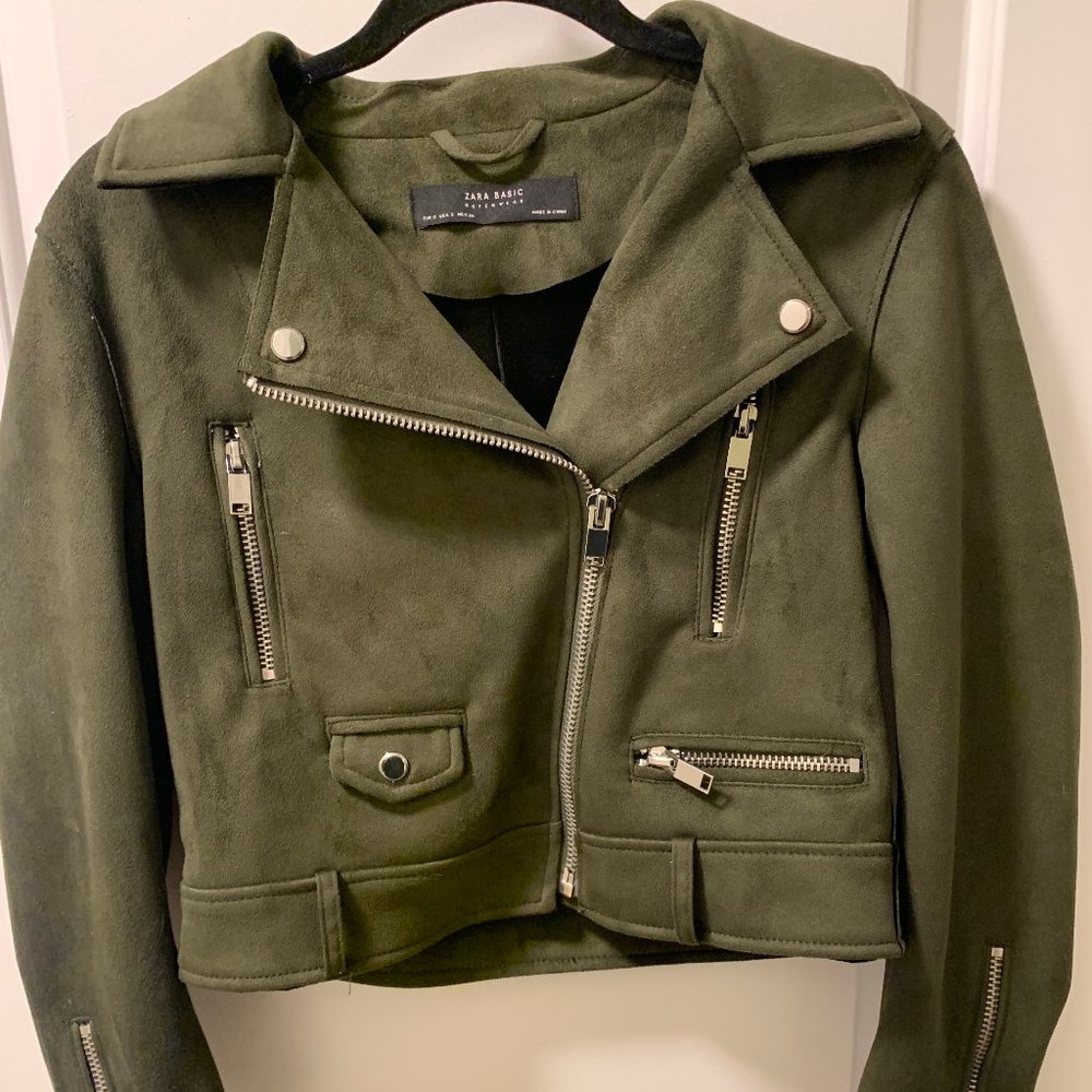 Zara Green Suede Biker Moto Jacket